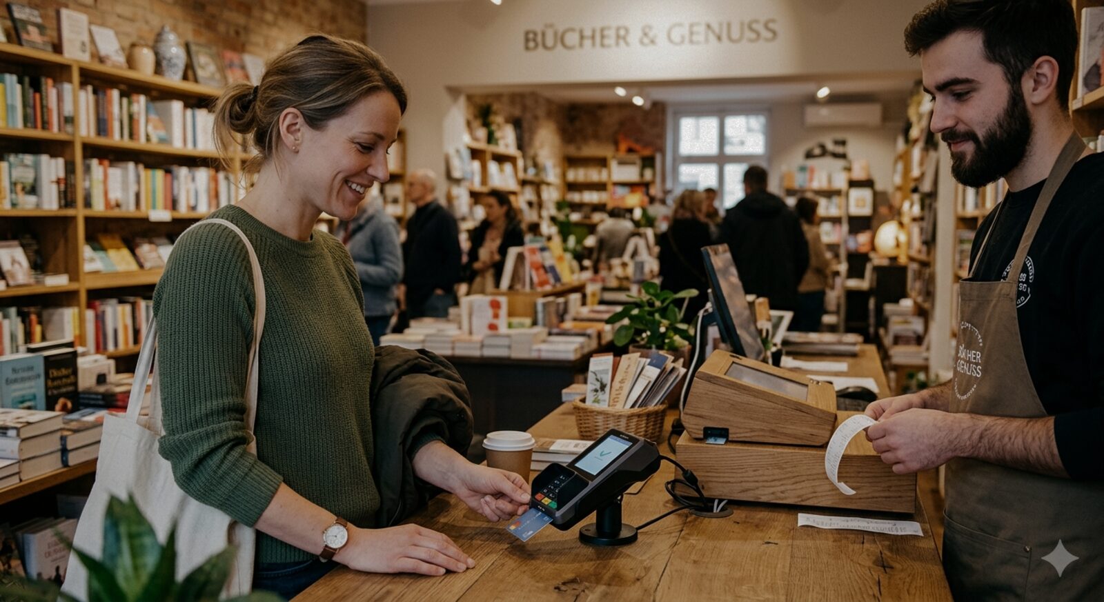 Customer paying by card on a modern terminal at the register of a bookstore
