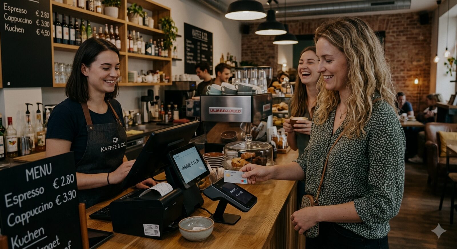 Guest paying contactless at the cafe counter on a modern POS terminal