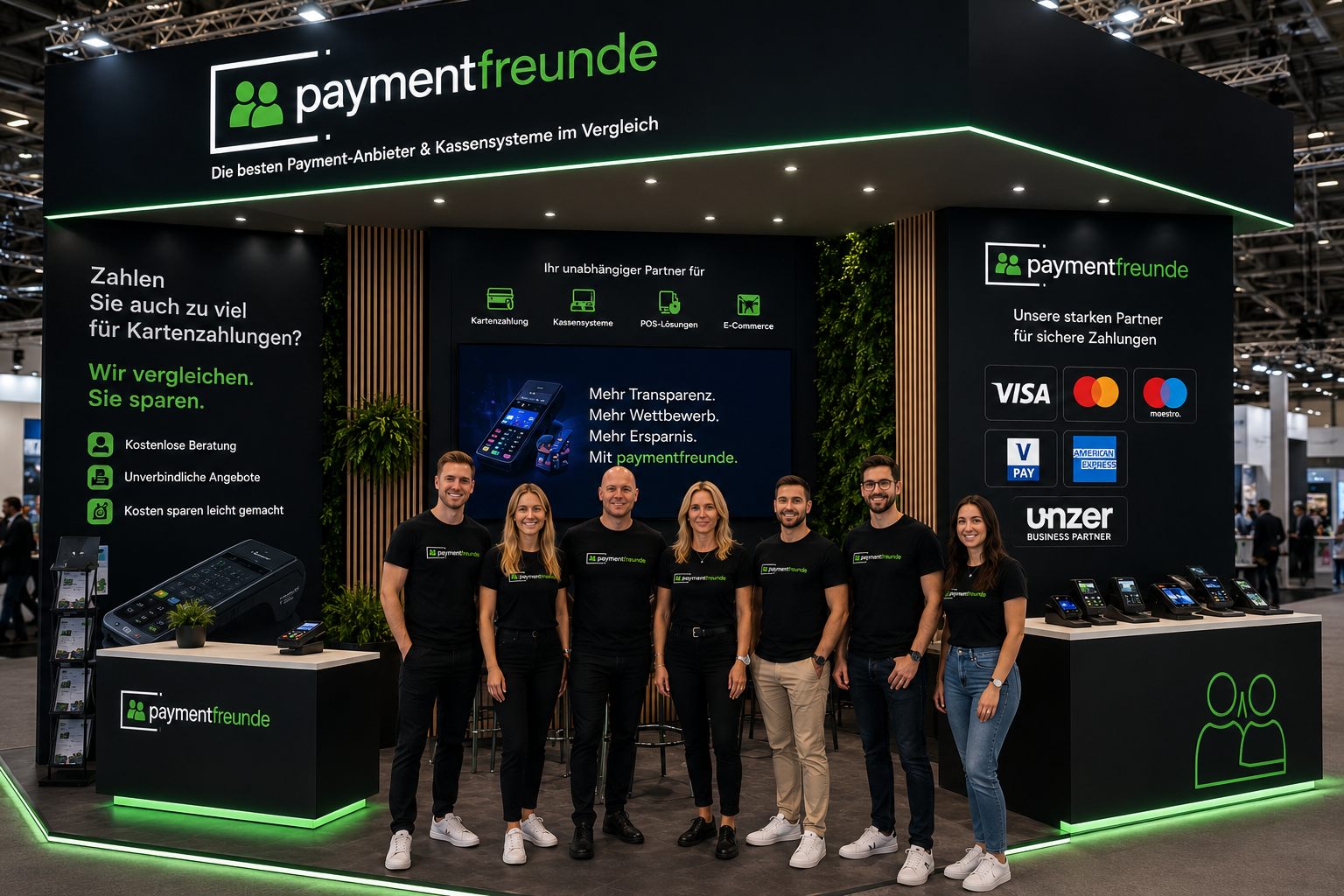 The PAYMENTFREUNDE team at their trade fair booth